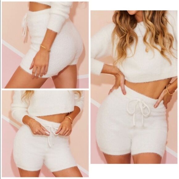 Fuzzy White Drawstring Comfy Shorts - Picture 1 of 4